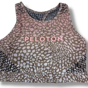 Peloton Riverstone High Neck Sports Bra with a pink and brown animal print (A17